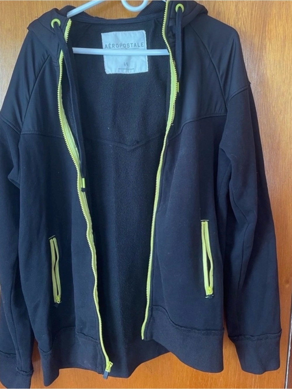 Aeropostale Black Hooded Bomber Jacket with Yellow Trim